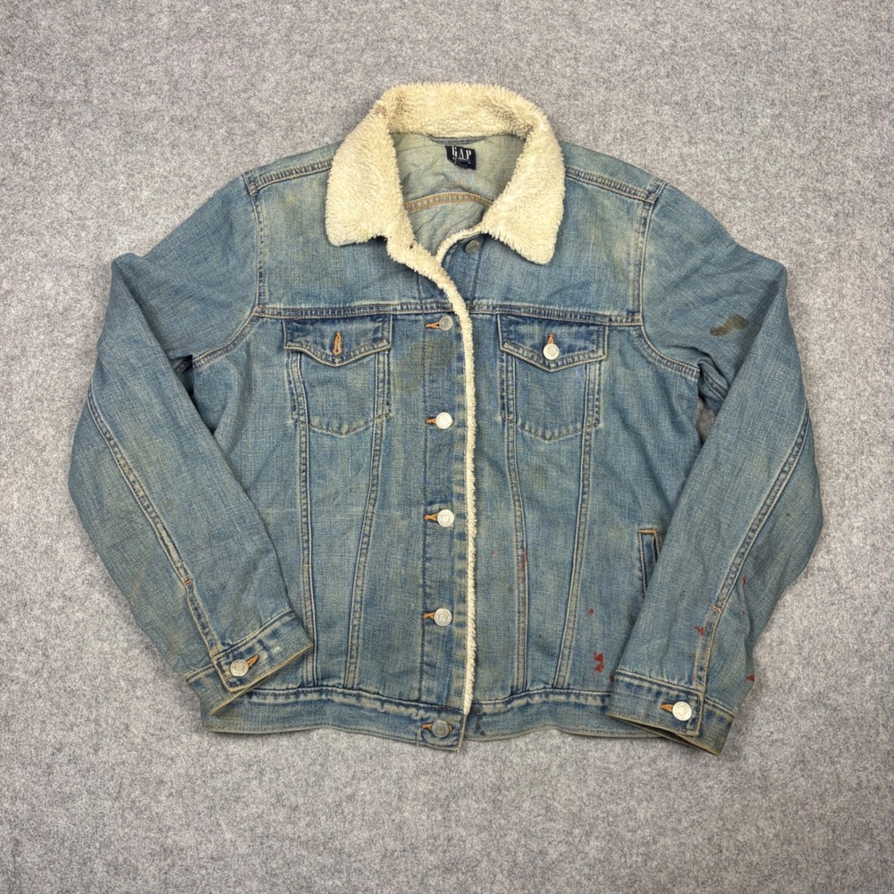 Gap Denim Sherpa Lined Trucker Jacket Mens XL Light Wash Blue Distressed